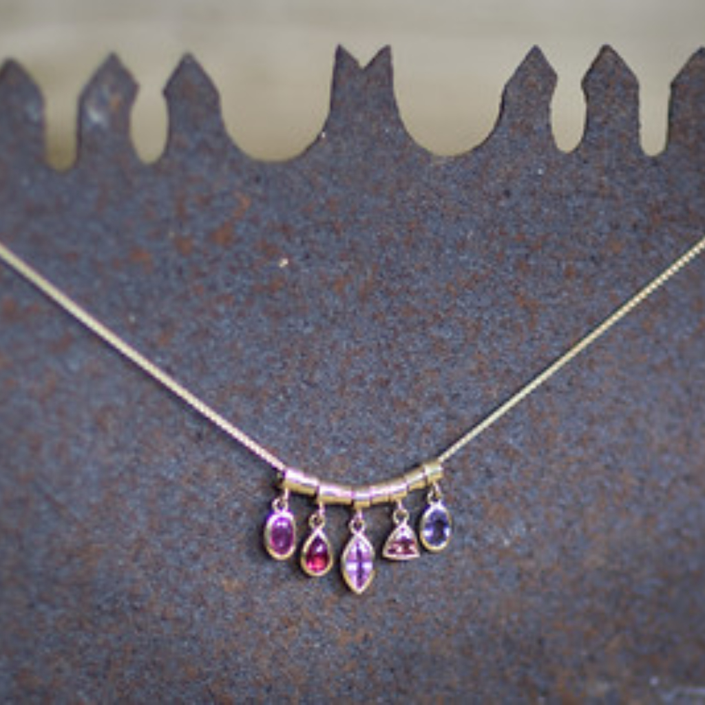 Pendant - ruby, garnet, 3 sapphires in gold settings on gold chain