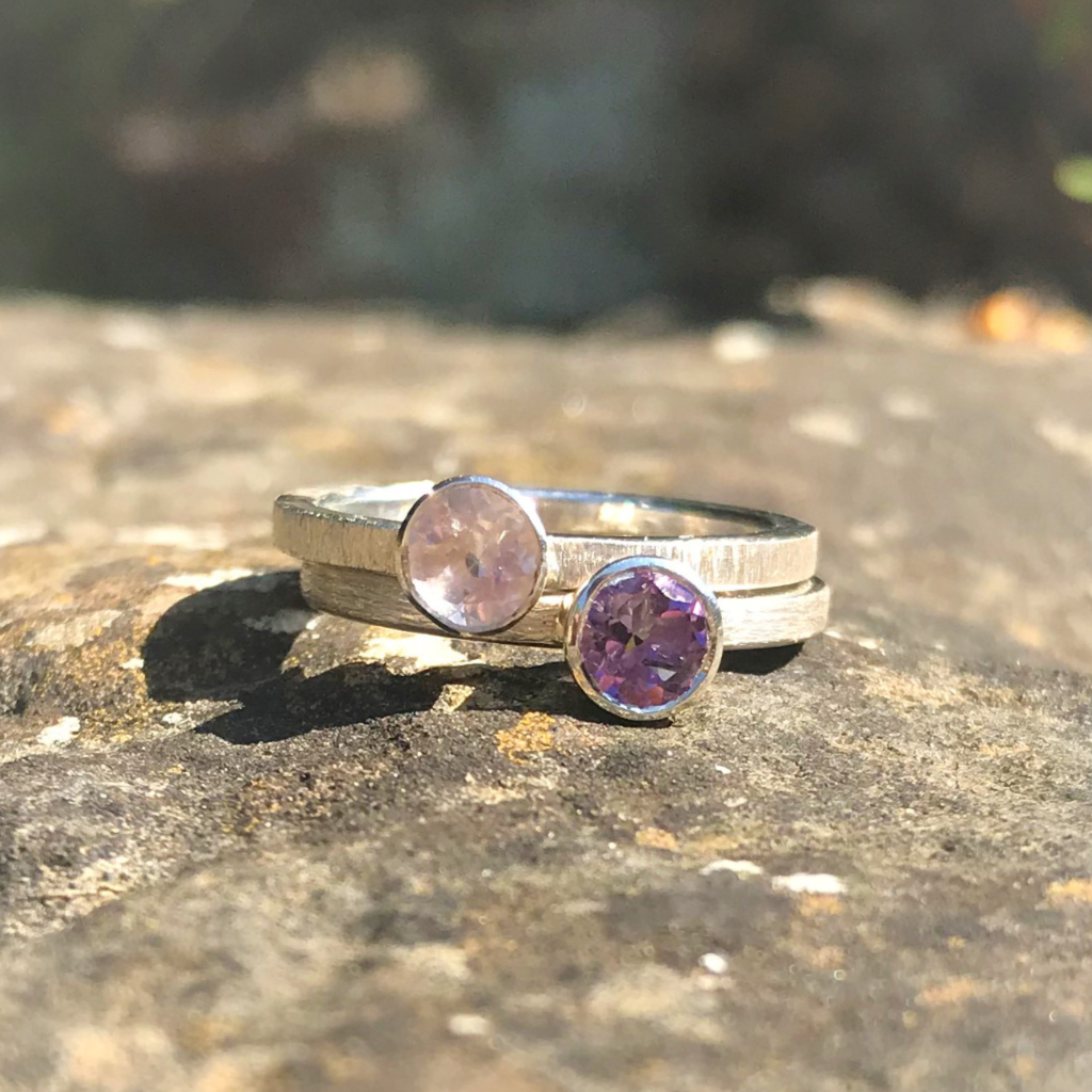 Example of stacking with rose quartz silver band