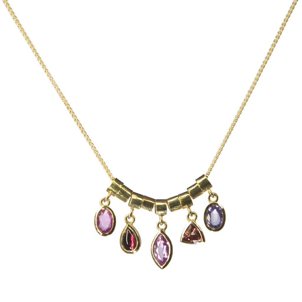 Pendant - ruby, garnet, 3 sapphires in gold settings on gold chain